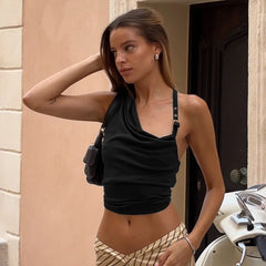 Black Halter Suspender Metal Ring Buckle Top