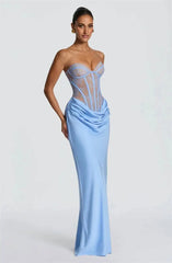 Strapless Lace Corset Satin Drape Maxi Dress