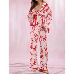 Strawberry Print  Lace-up Button-up Shirt with Pockets And Pants Loungewear Set