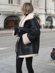 Black Faux Leather Fur Lining Coat - Free From Label