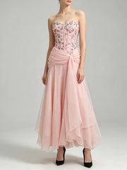 Floral Sequin Corset Waist Draped Midi Dress