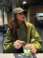 Olive Green Zipper Pu Leather Jacket