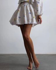 White Printed Ruffle Long Sleeve Shirt And Shorts Set