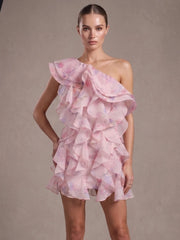 Pink Printed One Shoulder Multi-layered Ruffles Mini Dress