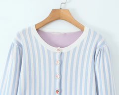 Stripe Knitted Flower Pockets Cardigan
