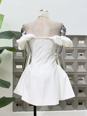 White Corset  Fold Over Neckline Flared Hem Mini Dress