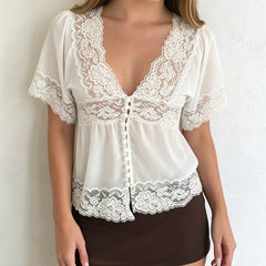 White Lace Trim Puff Short Sleeve Button Chiffon T-Shirt