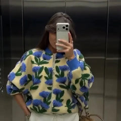 Embroidered Knit 3D Floral Print Zip Up Jacket
