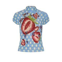 Blue Paid Strawberry Print Short Sleeve Top