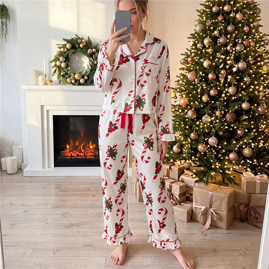 Satin Christmas Ruffle Trim Long Sleeve Shirt And Pants Pajama Set