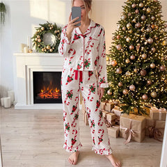 Satin Christmas Ruffle Trim Long Sleeve Shirt And Pants Pajama Set