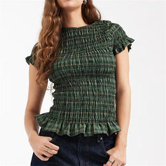 Round Neck Gingham Smocked Short Sleeve Top