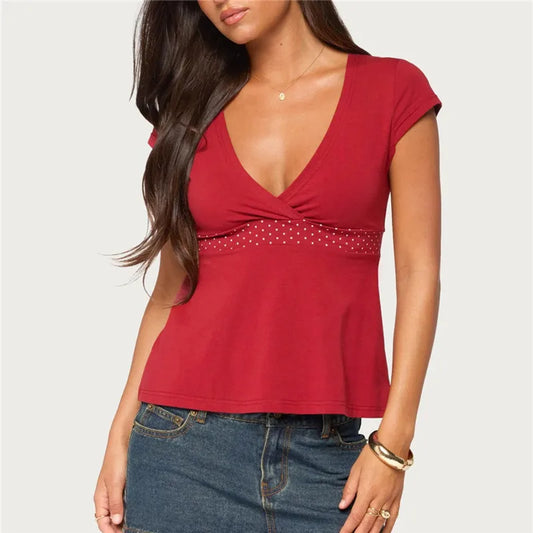 Polka Dot Waist Band V-Neck Cap Sleeve T-Shirt