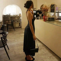 Black Deep V Neck Solid Midi Dress