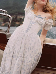 Blue Printed Corset Lace Up Puff Sleeve Maxi Dress