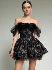 3D Flower Embellished Floral Print Tulle Mini Dress
