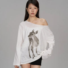 White Long Sleeve Fawm Print Top