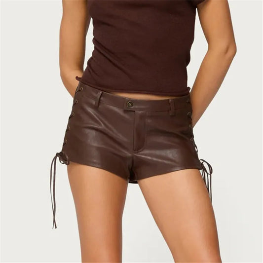 Faux Leather Low Rise Shorts with Lace-Up Side Detail