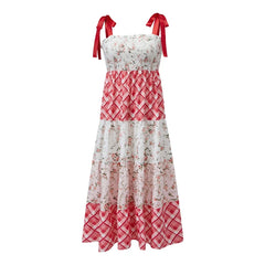 Strappy Tie-Up Smocked Printed Patchwork Maxi Dress