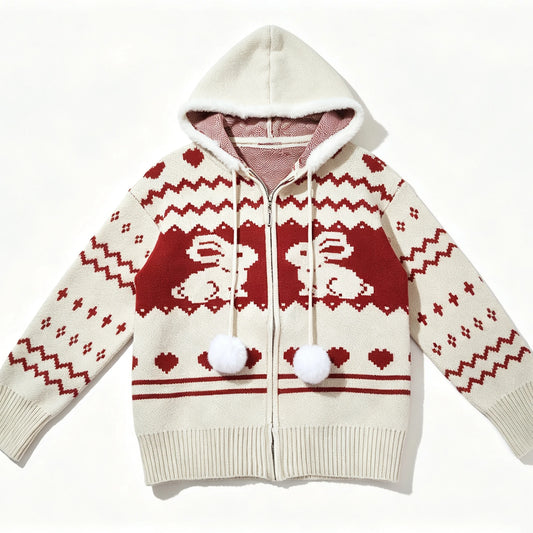 Beige Rabbit Hooded Long Sleeve Knitted Cardigan