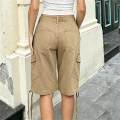 Low Waist Cargo Drawstring Knee Length Pants with Pockets