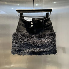 Faux Fur Trim Denim Mini Skirt Free From Label