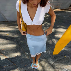 V-Neck Short Sleeve One Button Crop Top