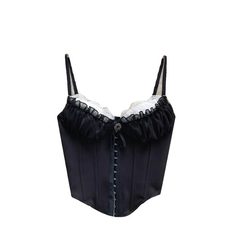 Black satin corset with lace trim