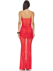 Red Strapless Mesh Ruched Maxi Dress