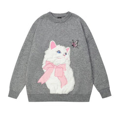 Gray sweater with a white cat design and pink bow 