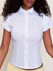 Lapel Puff Sleeve Corset Waist Shirt