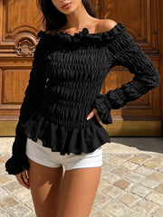 Black Smocked Slash Neck Long Sleeve Top