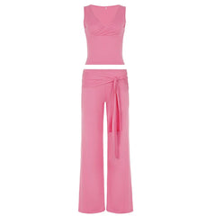 Solid V-Neck Tank Top And Tie-up Low-Waist Pants Set