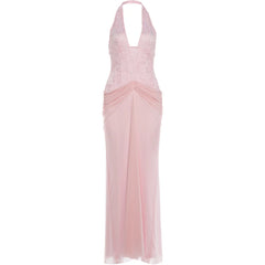 Pink Lace Halter Draped Waist Maxi Dress