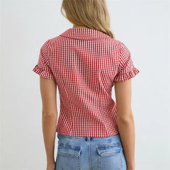 Plaid Peter Pan Collar Short Ruffle Sleeve Button Down Blouse