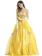 “Full-length yellow cosplay gown inspired by Beauty and the Beast”