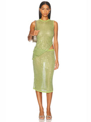 Green O Neck Sleeveless Crystal Top And Mesh Midi Skirt Set