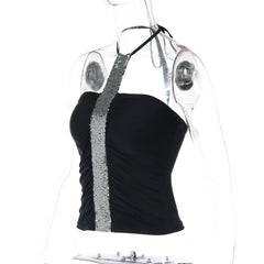Halter Neck Sequin Patchwork Strip Crop Top