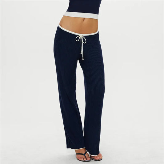 Knitted Wide Legs High Waist Straight-leg Trousers