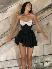 Tie Up Straps Lace Bust Patchwork A-line Mini Dress