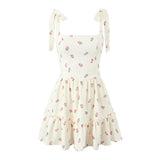 Beige Strawberry Print Tie Strap Mini Dress