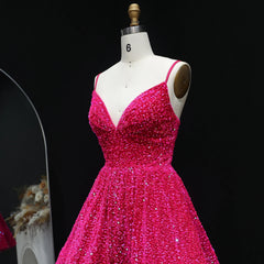 Pink V Neck Spaghetti Straps Sequined A-line Mini Dress