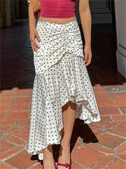 White Polka Dot Print  Irregular Hem Midi Skirt