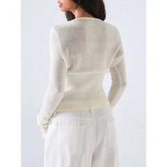 White Lace Trim Long Sleeve Button Down Knit Top