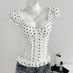 White Polka Dot Puff Sleeve Button Top