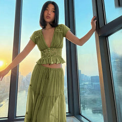 Short Sleeve Mesh Patchwork Crop Top And Maxi Skirt Matching Set