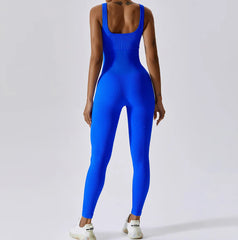 Person wearing a blue jumpsuit - back view