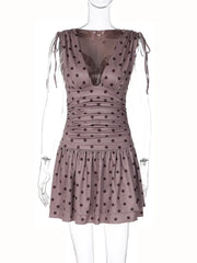 Polka Dot Deep Neck Drawstring Mini Dress