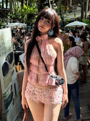 Pink Ruched Halter Open Back Top And Fur Sequin Shorts Set