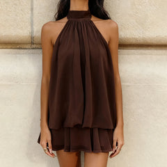 Tiered Ruffle Open Back Halter Mini Dress